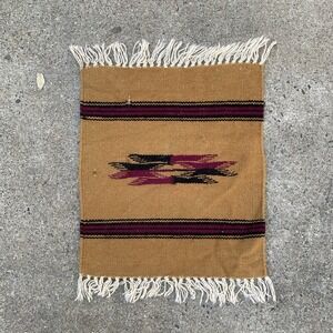 Vintage Chimayo Small Rug Wool Golden Brown + Burgundy